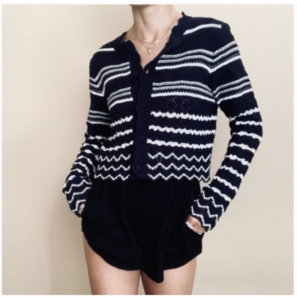House Of Harlow 1960 Navy & White Cropped Knit Cardigan Sweater Button Front L